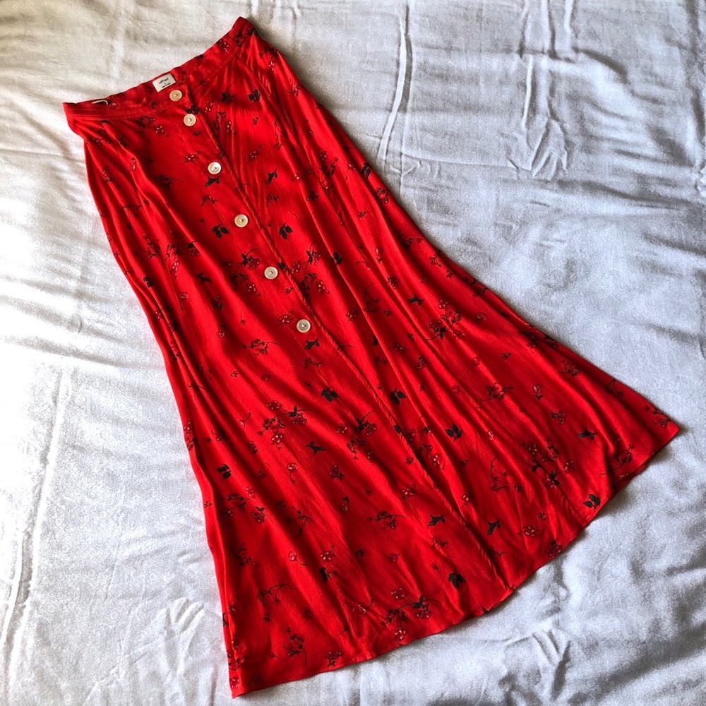 Red Floral Midi Skirt